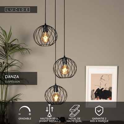Lucide DANZA - Suspension - Ø 50 cm - 3xE27 - Noir
